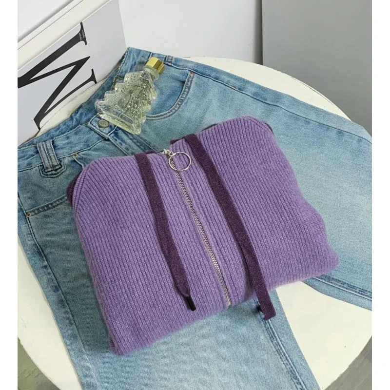 清-汤圆吖紫色百搭连帽拉链开衫2193