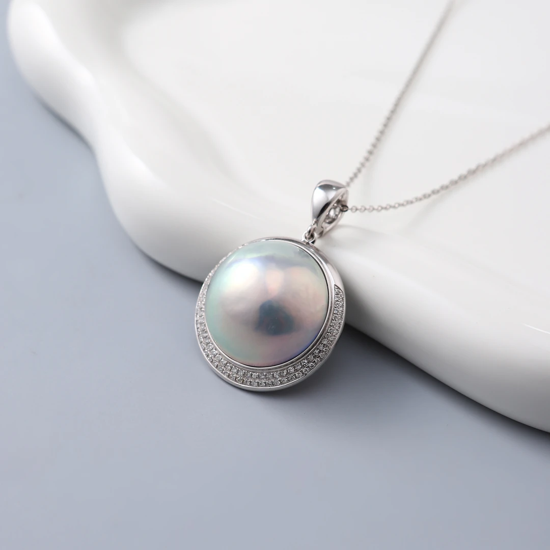 18K金钻石满钻镶嵌20mm海水马贝吊坠 真多麻色万能扣不含链 Z4727