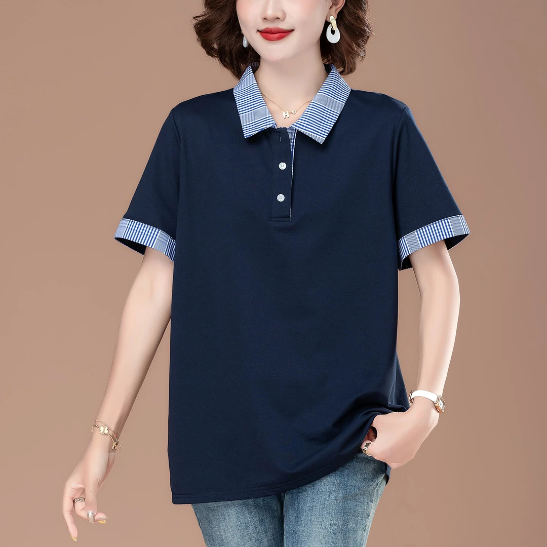 翻领短袖T恤女夏季中老年宽松遮肚子上衣胖妈妈格子领大码POLO衫
