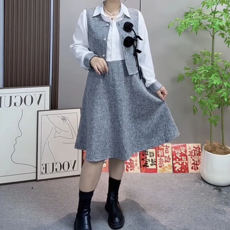 秋季新款大码女装时尚立体花朵装饰马甲搭配衬衫连衣裙两件套套装
