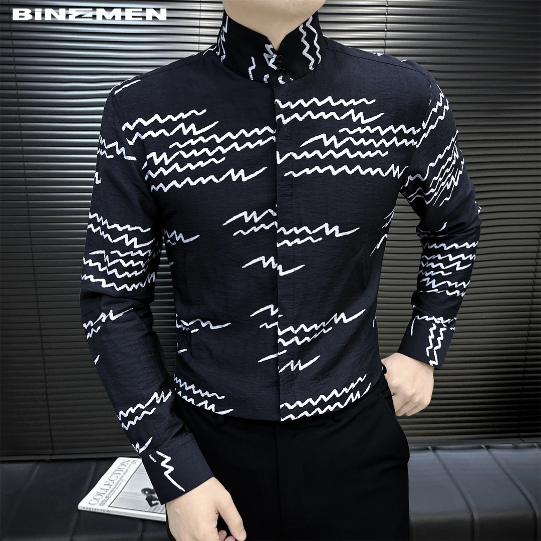波浪立领男士衬衣男款长袖个性小众高领印花衬衫男痞帅高级感男装