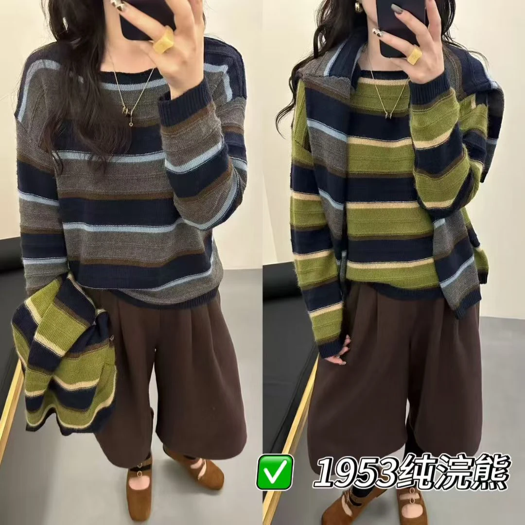 欧洲站秋季新款时尚条纹撞色圆领长袖宽松慵懒风针织衫毛衣上衣女