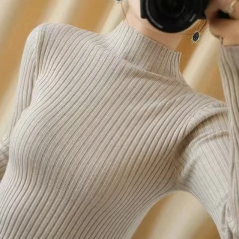 新款半高领打底毛衣女修身薄款针织衫抽条短款秋冬打底衫套头
