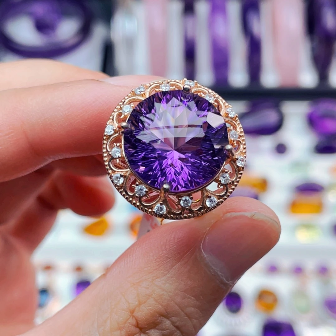 紫晶戒指银S925镶嵌天然保真