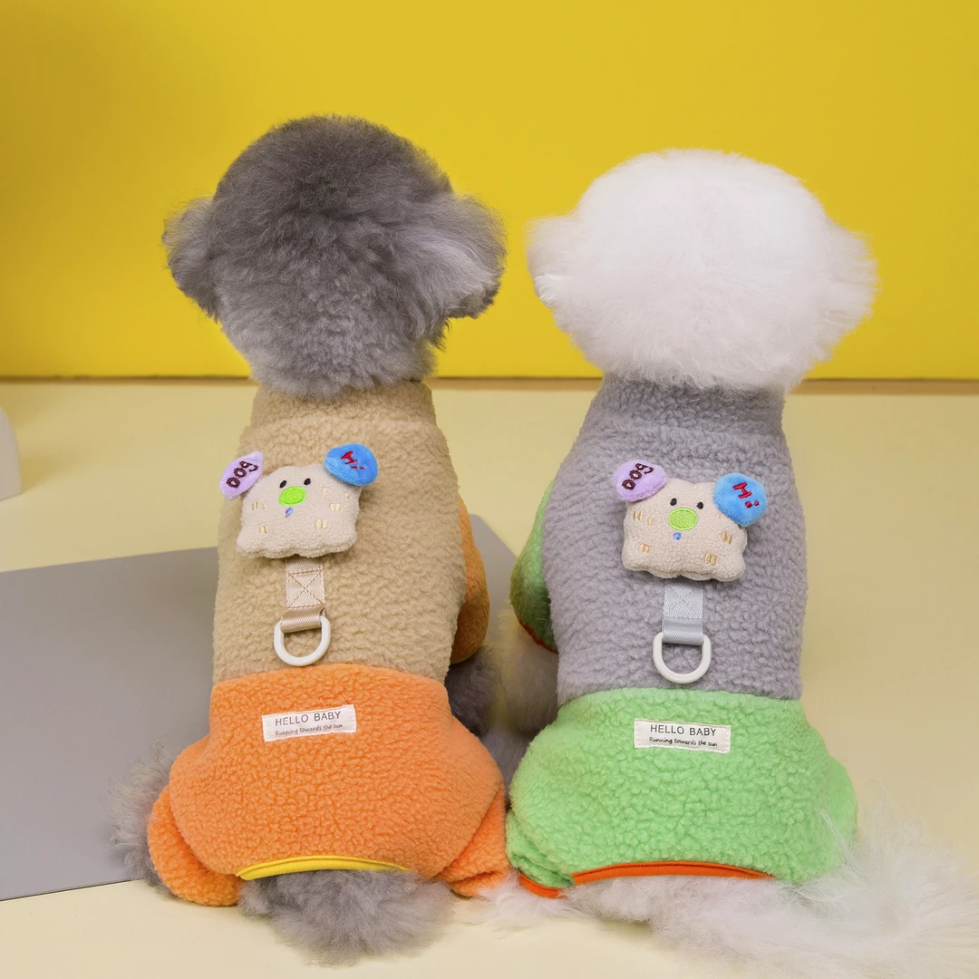 秋冬新款狗狗衣服猫咪宠物衣服加绒加厚羊羔拼色四脚绒衣泰迪比熊