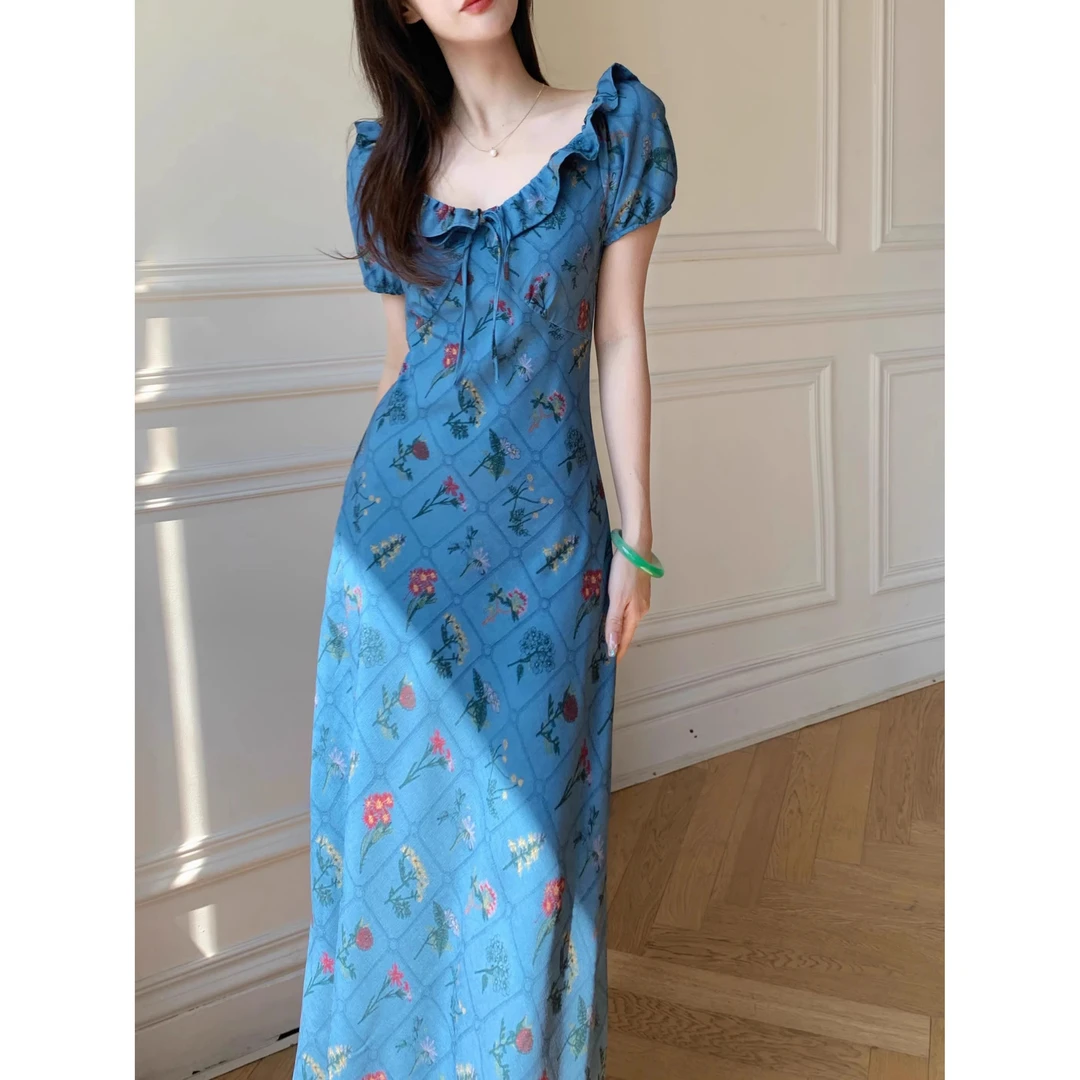 大码女装加宽加大女装新款收腰显瘦蓝色裙子夏天宴会连衣裙