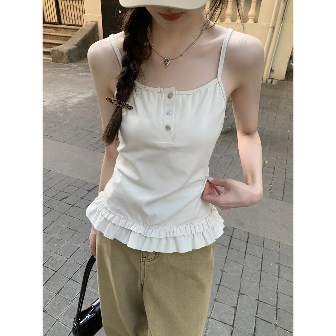 设计感小众纽扣荷叶边辣妹风吊带背心女夏季新款修身显瘦独特上衣