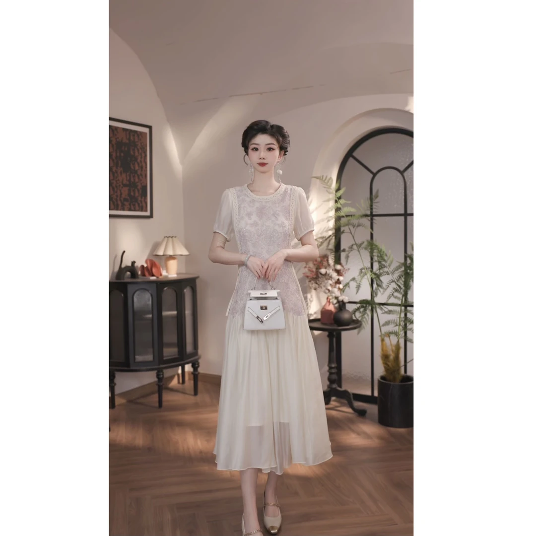 【薇宝儿-婷婷】-云端梦境夏季新款法式优雅气质网纱拼接显瘦连衣裙