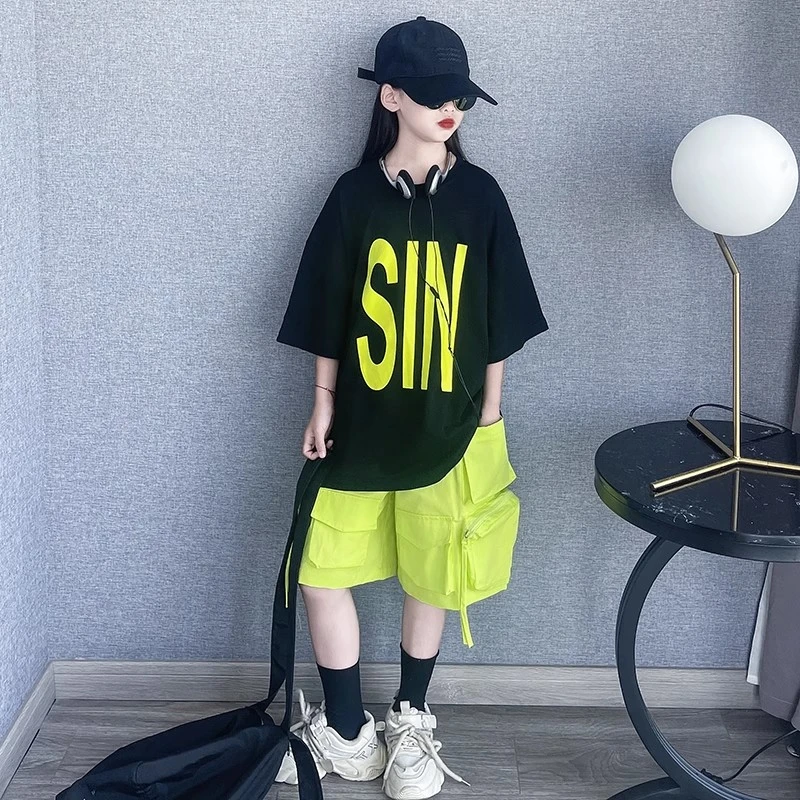 女大童夏季款套装新款儿童洋气时髦短袖T恤阔腿裤工装裤两件套潮