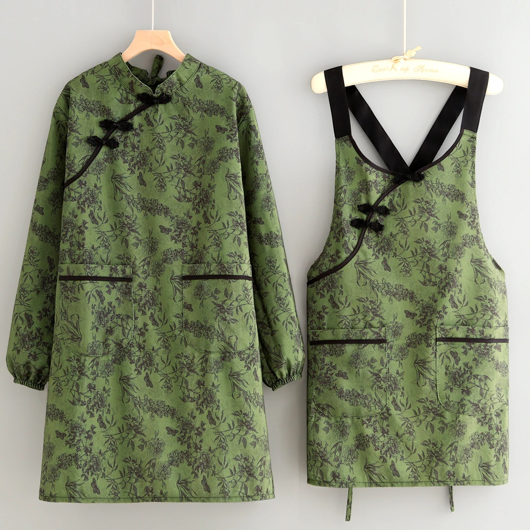 复古帆布长袖新款围裙防污耐脏厨房家用中古风罩衣餐饮上班工作服