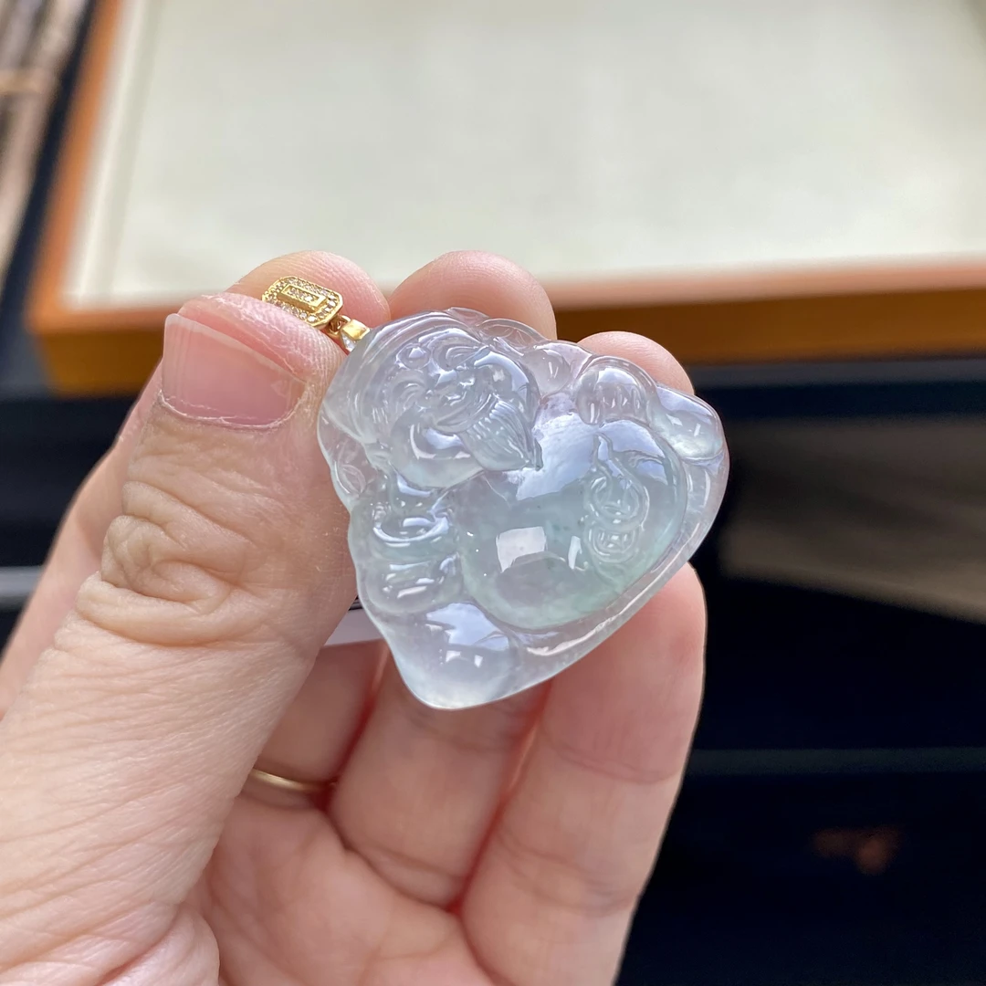 如意宝珠宝 18K金钻石镶嵌冰种财神翡翠吊坠天然玉石A货AW156