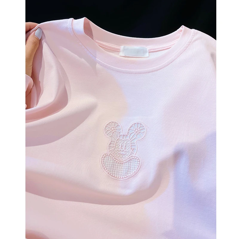 2025春夏新款洋气时尚重工刺绣卡通图案镂空设计简约短袖t恤上衣