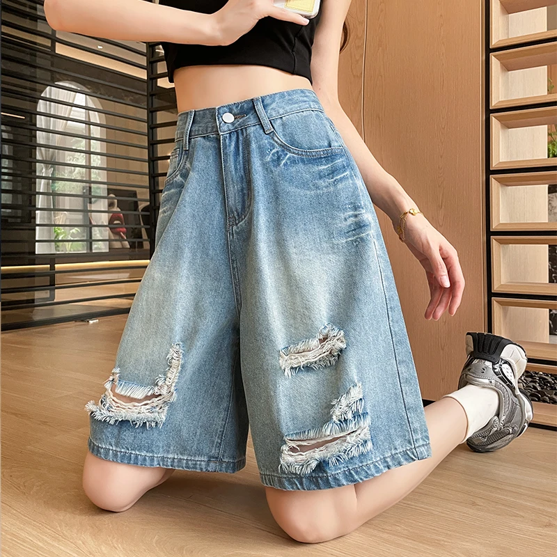 破洞五分牛仔短裤女2025年夏季薄款高腰显瘦宽松a字阔腿裤中裤