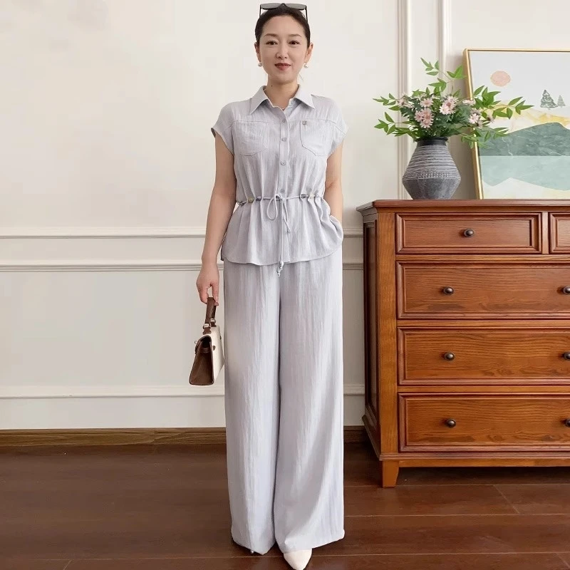 2025妈妈夏装时尚亚麻套装中年女装洋气短袖衬衫中老年休闲两件套