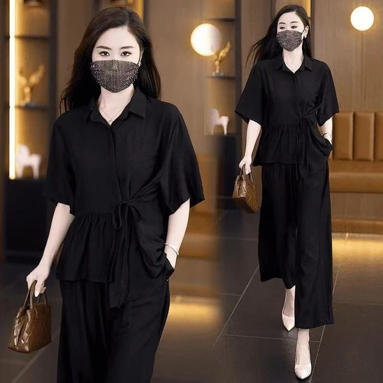 2025夏季新款胖妹妹时尚减龄宽松遮肉不规则上衣直筒裤显瘦两件套