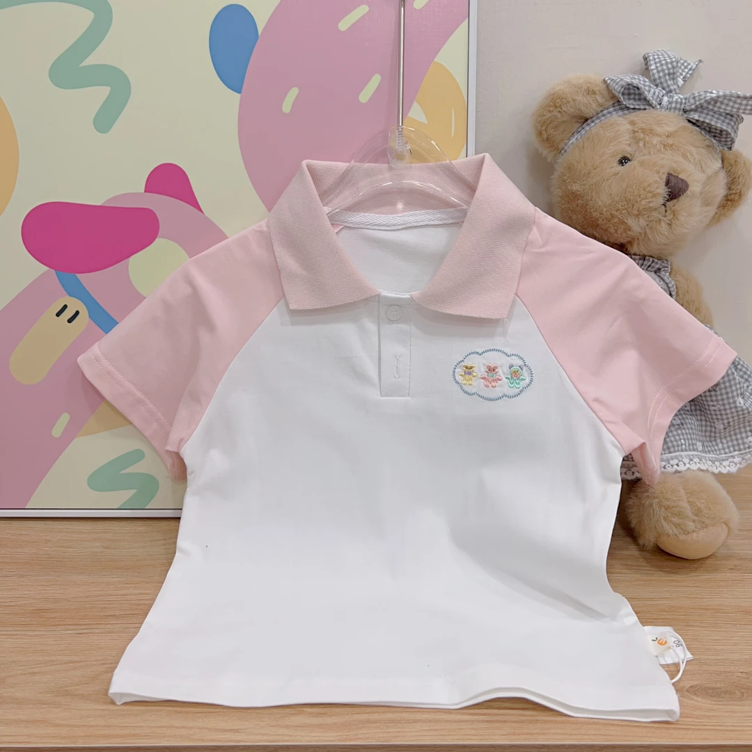 {花卷卷}2025夏季女童粉白拼接小熊刺绣POLO衫短袖8803