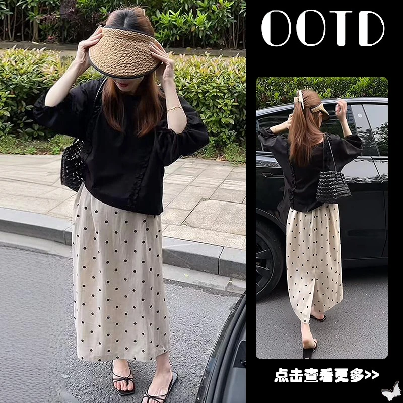 超火夏季穿搭一整套女2025新款韩版木耳边衬衫波点半身裙两件套