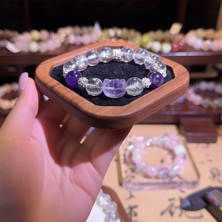 未镶嵌手链水晶天然白阿塞爆闪配紫水12mm