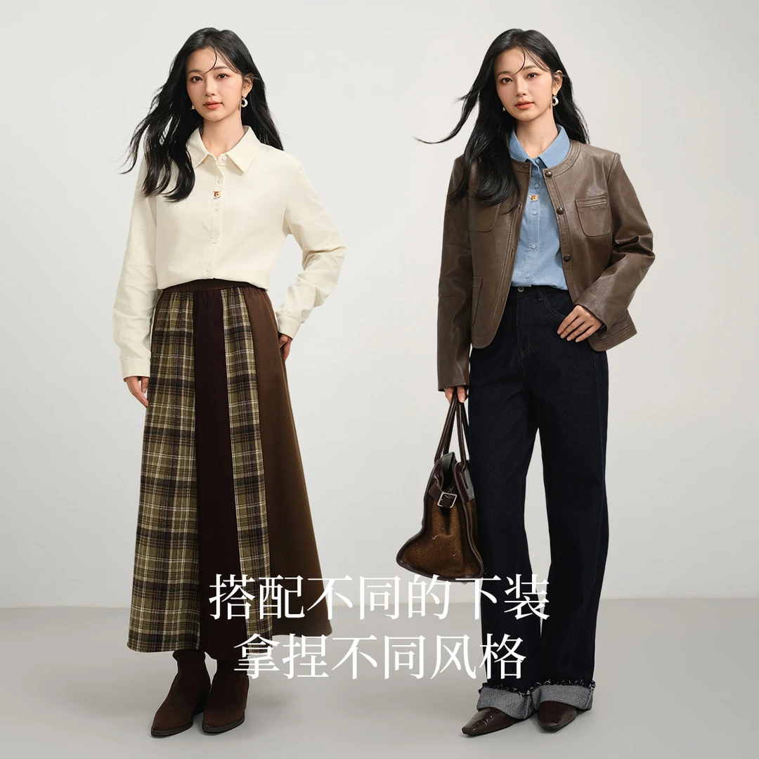 【100%棉】25冬季纯棉简约通勤长袖衬衫百搭刺绣休闲灯芯绒衬衣