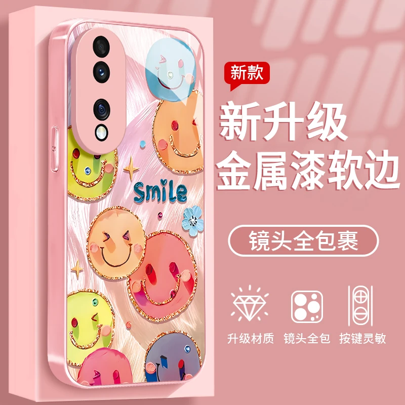 镀边笑脸适用于华为荣耀70手机壳金属漆玻璃全包防摔时尚女款ins