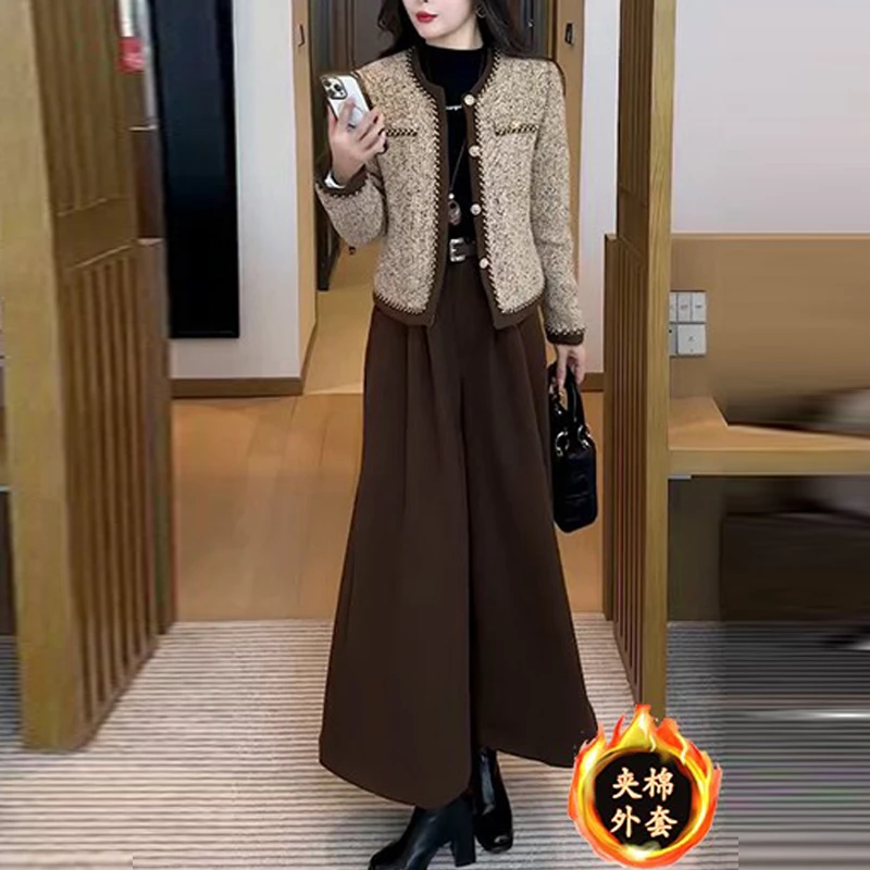 时尚洋气小香风夹棉保暖短外套女2025秋冬新款百搭显瘦阔腿裤套装