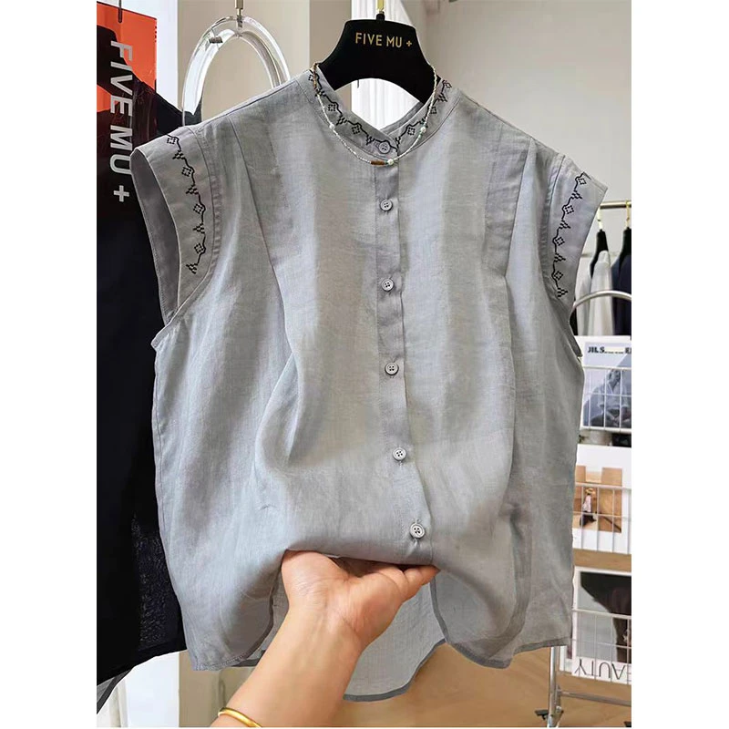 大码设计无袖衬衫女式夏季新款重工刺绣外穿背心上衣棉麻气质小衫