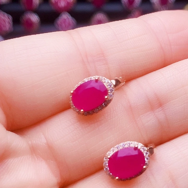 红宝石耳饰银S925镶嵌