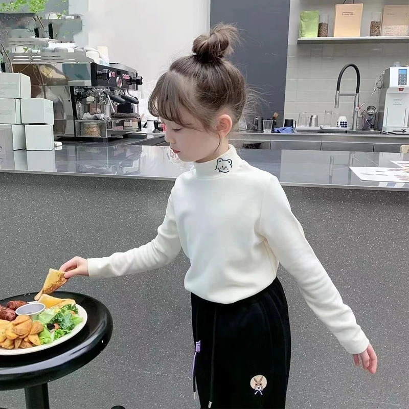 2025新款卡通女童德绒半高领t恤秋冬季长袖保暖洋气打底衫上衣