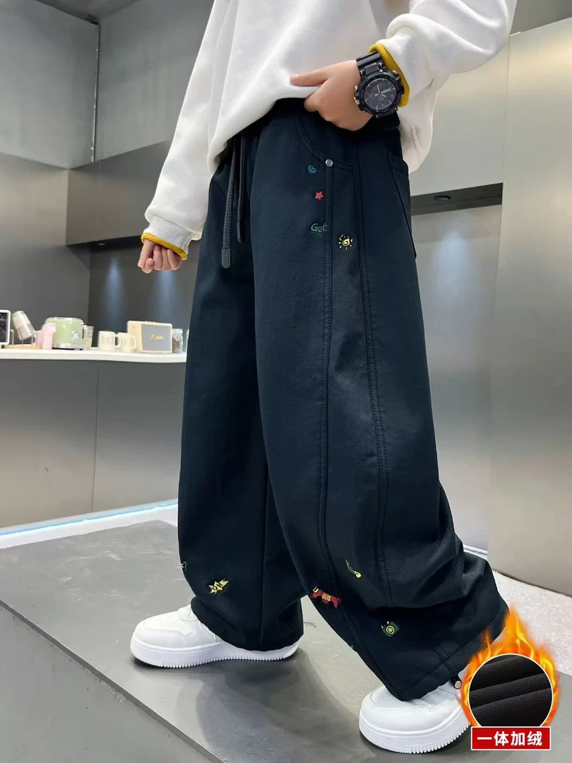 男童加绒裤子秋冬款2025新款大儿童冬季一体绒阔腿束脚长裤加厚潮