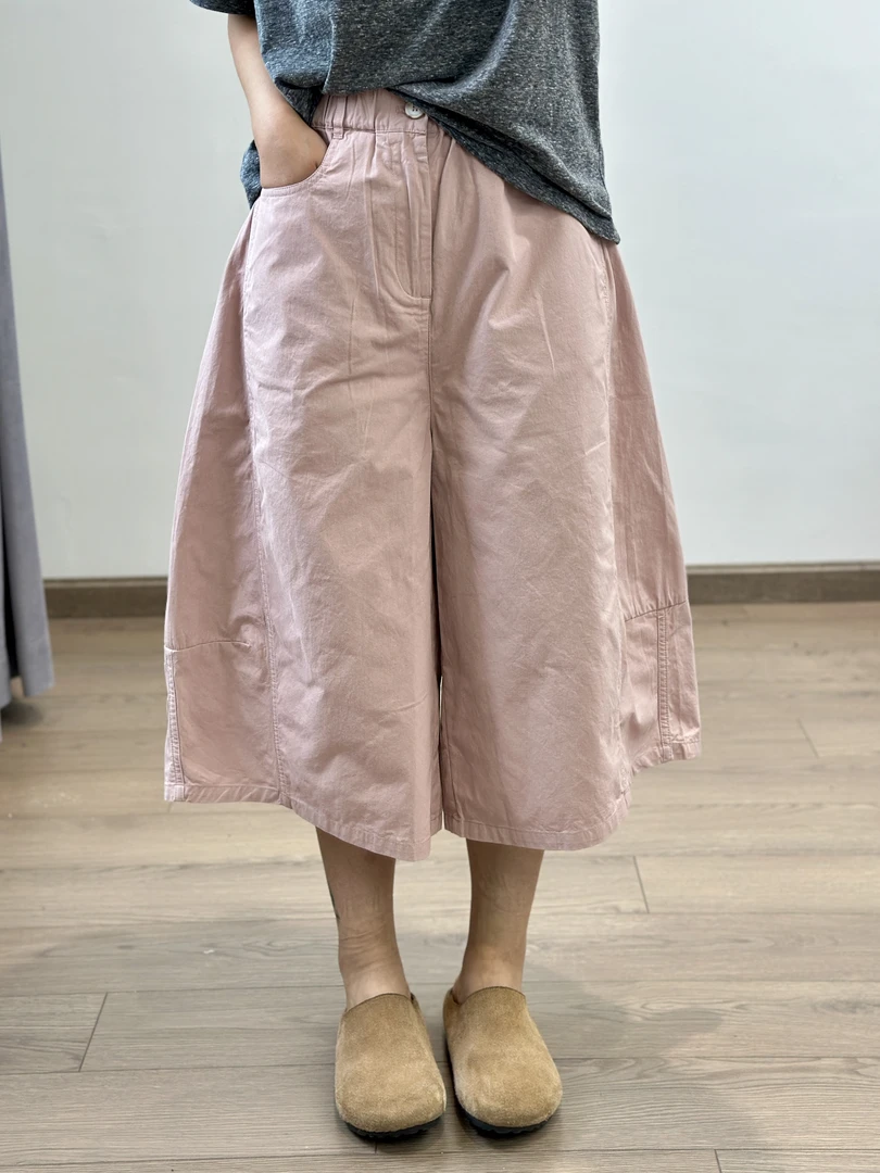 复古简约百搭设计感小众七分休闲裤女夏季松紧高腰宽松显瘦阔腿裤