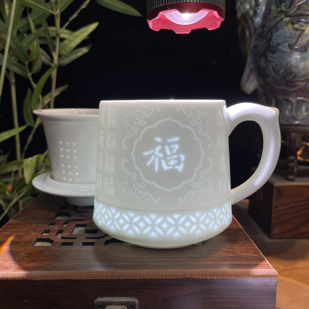 景德镇陶瓷影青百福玲珑浮雕茶杯家用办公室高档马克杯