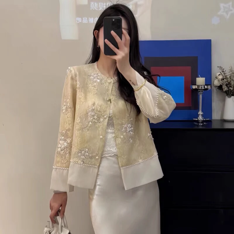 新中式国风外套女短款2025春夏新款钉珠刺绣提花圆领薄款防晒上衣