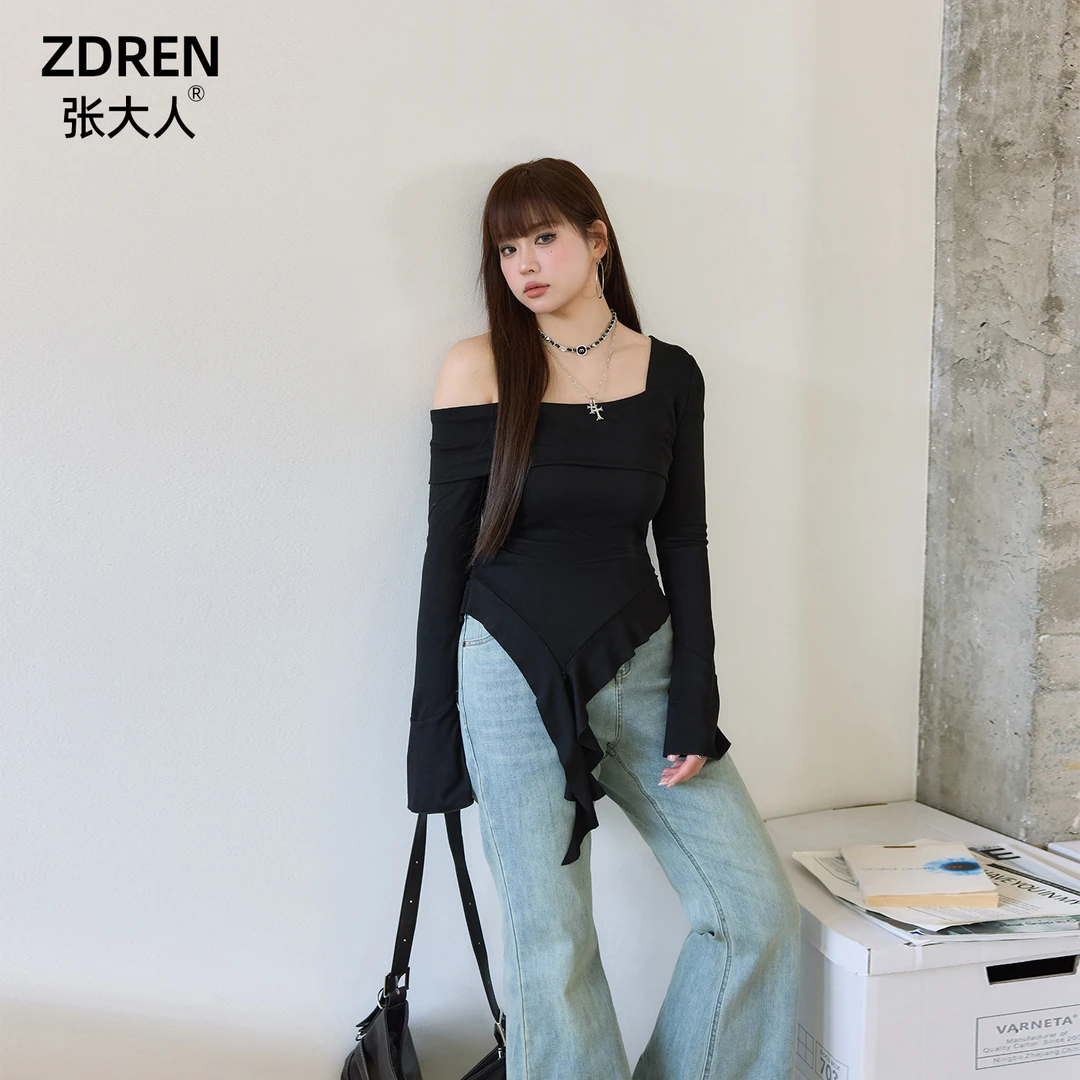 张大人【时尚御姐】大码女装微胖妹妹不规则斜肩飘带上衣牛仔微喇裤
