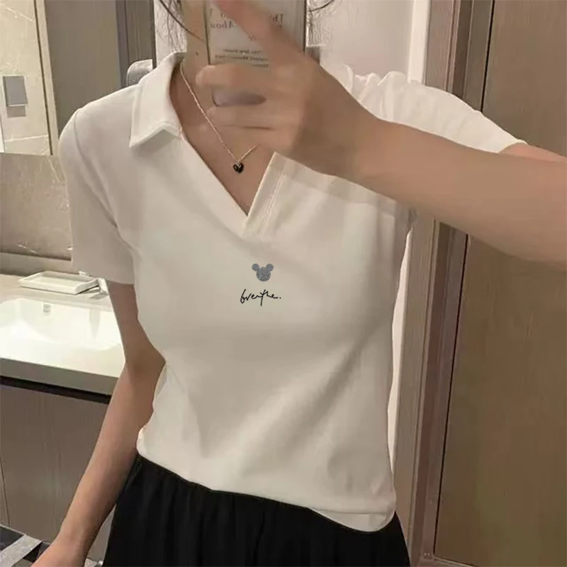 正肩翻领polo衫短袖t恤女2025新款爆款夏季小衫修身短款洋气上衣