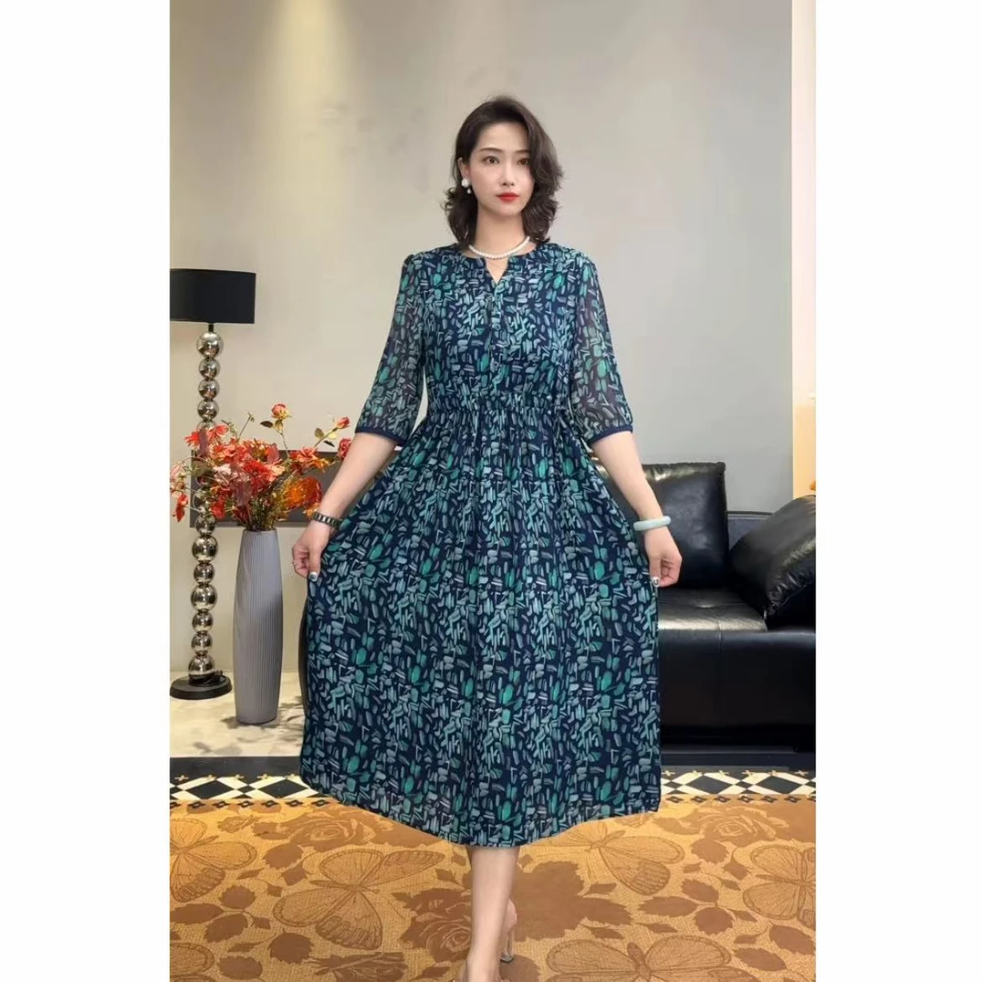 【碧玉】夏季优雅气质花色半袖袖碎花法式复古中长款收腰连衣裙