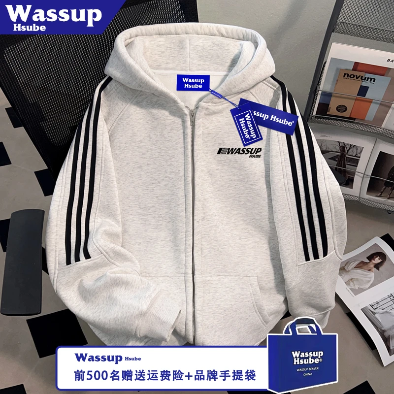 WASSUP HSUBE简约字母印花外套男女三条杠卫衣秋冬季拉链连帽开衫