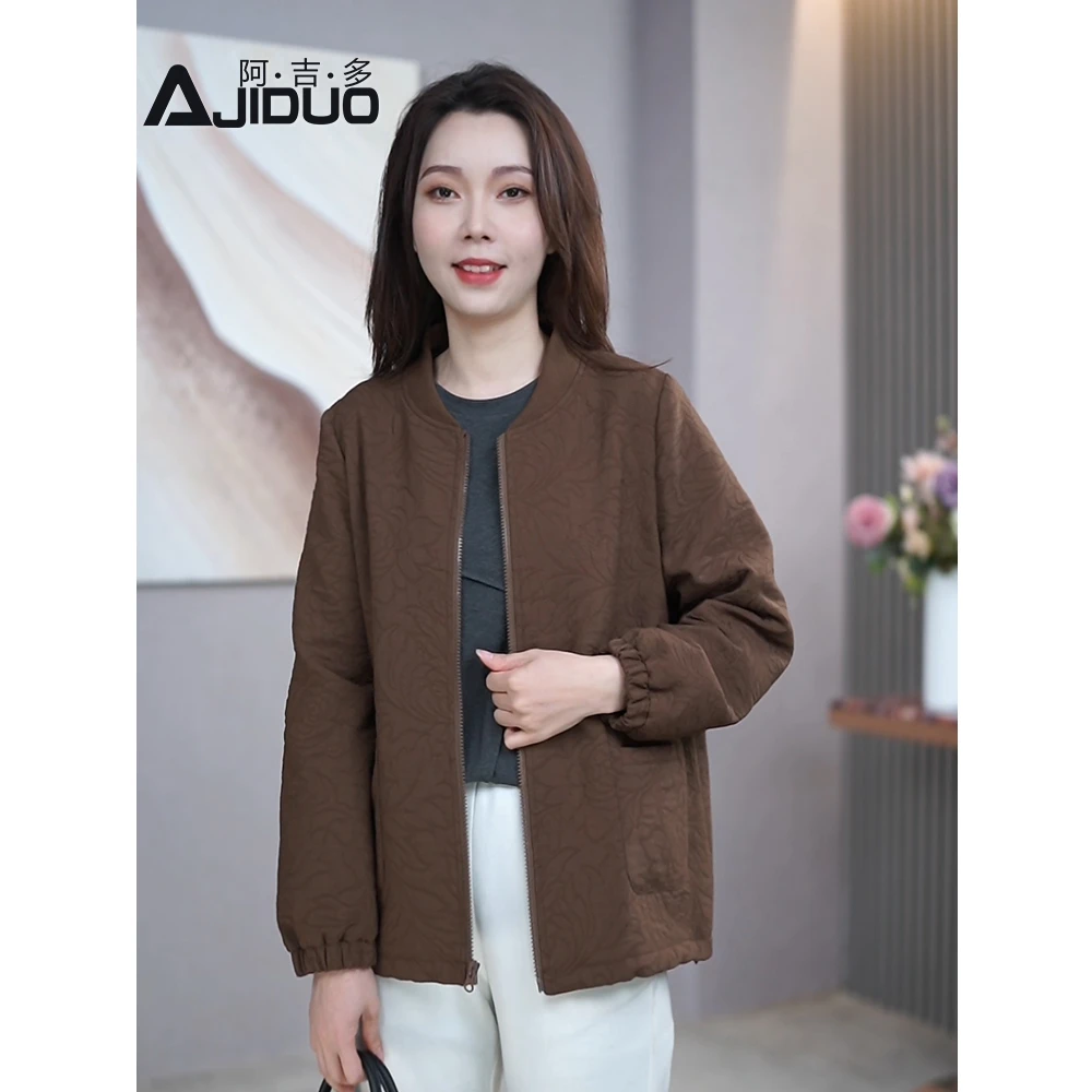 春秋新款提花圆领夹克上衣女高级百搭时尚长袖棒球服胖mm大码外套