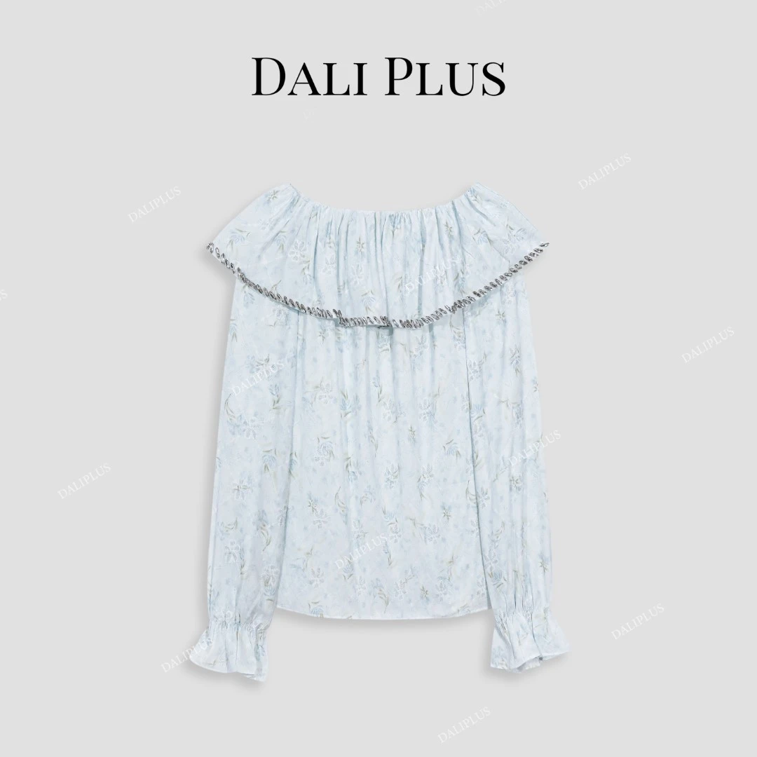 DALI PLUS一字领两穿刺绣碎花荷叶领钉珠镶钻长袖衬衫-D5CH4020