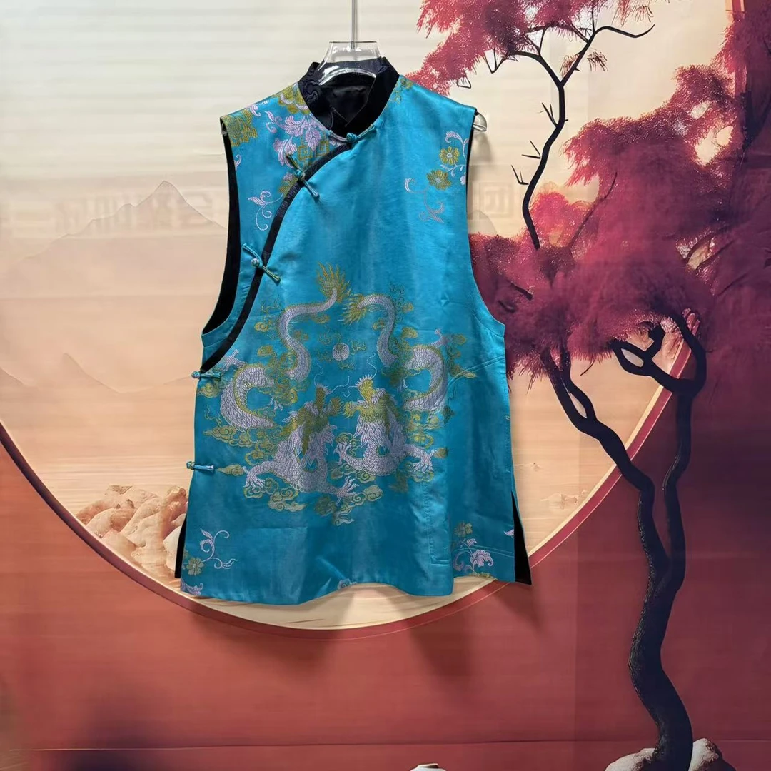 老软缎斜襟中长款大马甲复古中式民族风中国风马夹新中式699