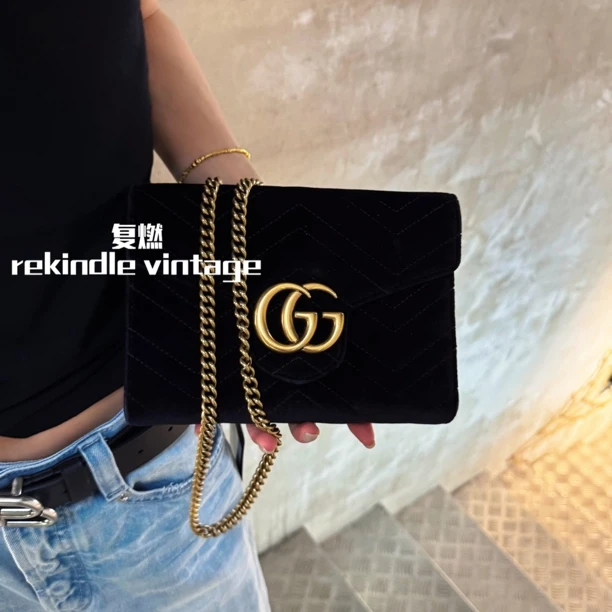 95新 GUCCI/古驰 复燃精选/黑金丝绒woc斜挎包