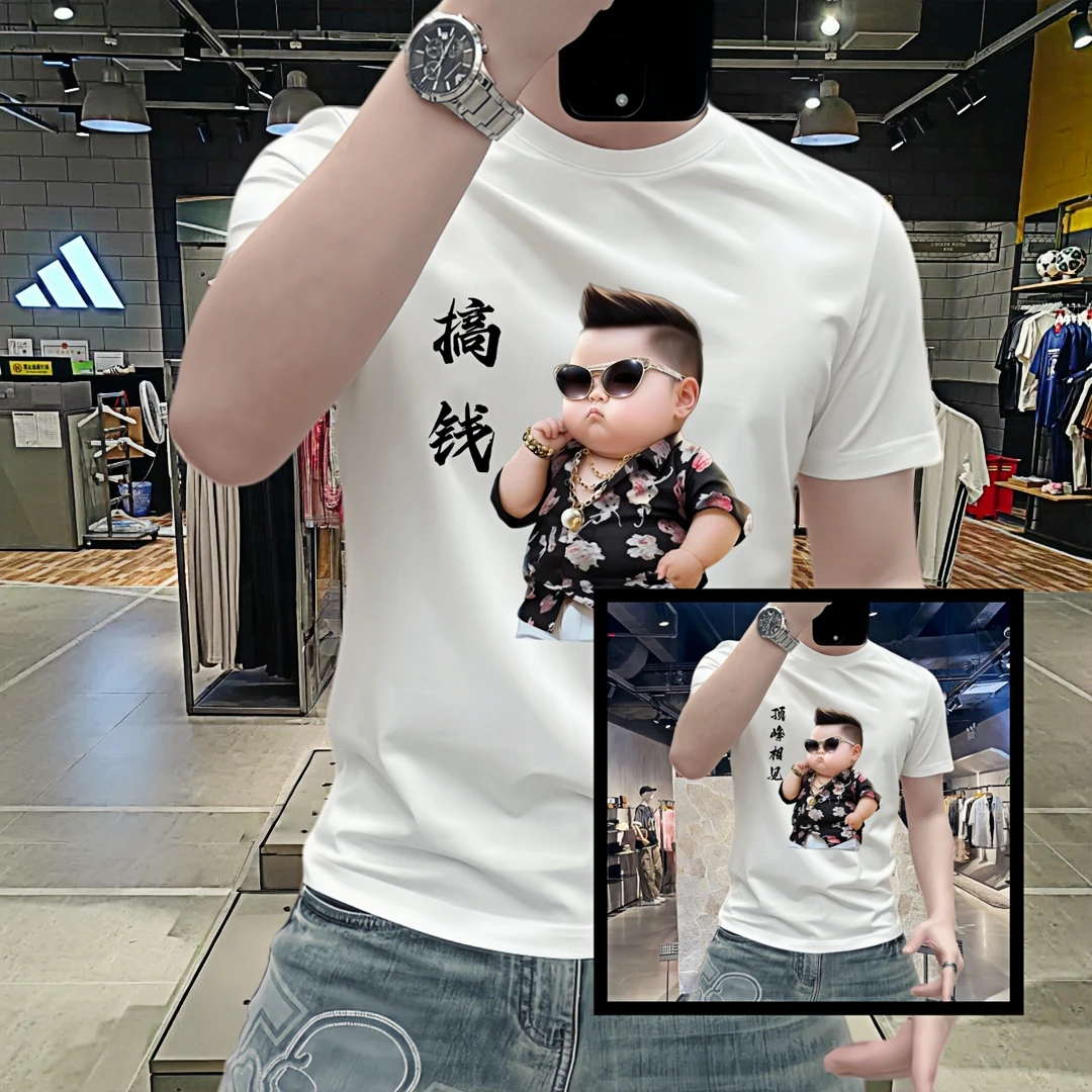 100%纯棉男士短袖T恤搞钱顶峰相见ins港风休闲圆领半袖上衣体恤男