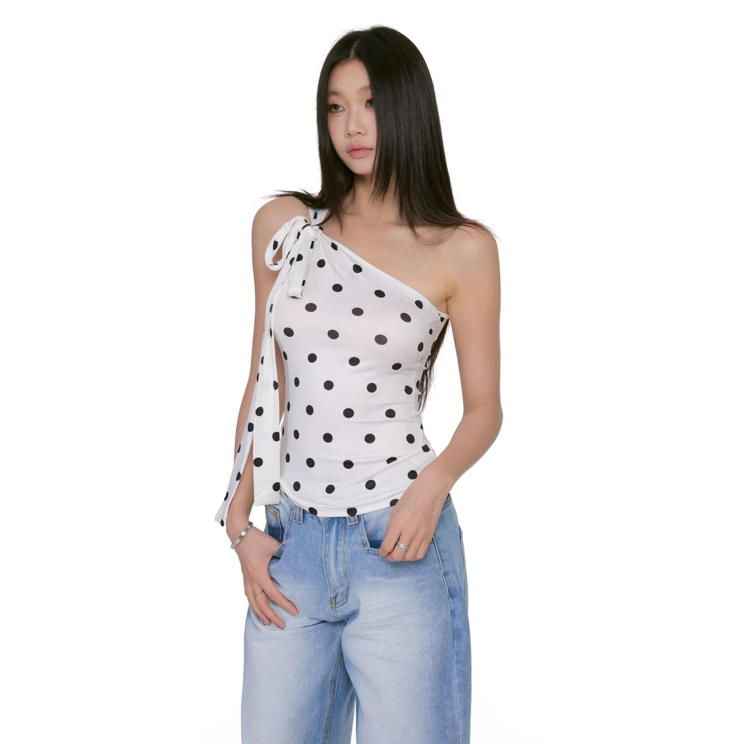 withmin凉皮 白色恋人 辣妹露肩波点收腰修身吊带上衣女夏2523512