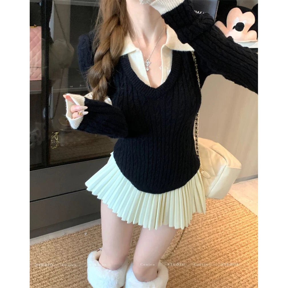 2026撞色假两件拼接v领针织衫女冬季设计感长袖打底上衣时尚气质