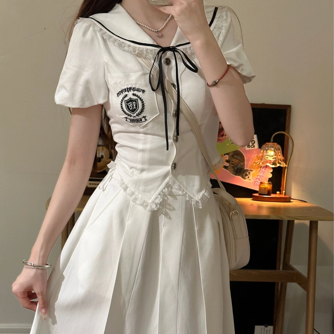 白月光 织物猪原创 白色改良版水手服长裙收腰气质学生装