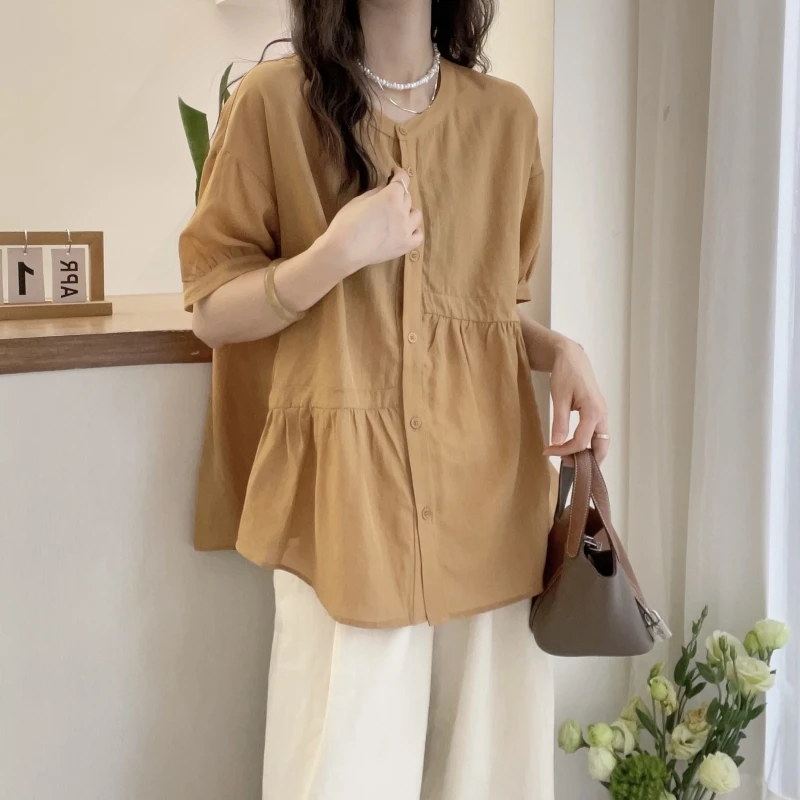 圆领不规则褶皱单排扣短袖衬衫女夏新款宽松显瘦衬衣休闲百搭上衣