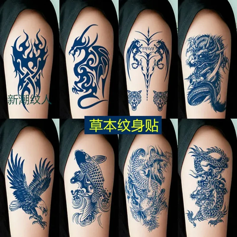 半臂草本纹身贴防水持久男女果汁渐变半永久飞鹰火焰纹图腾刺青贴