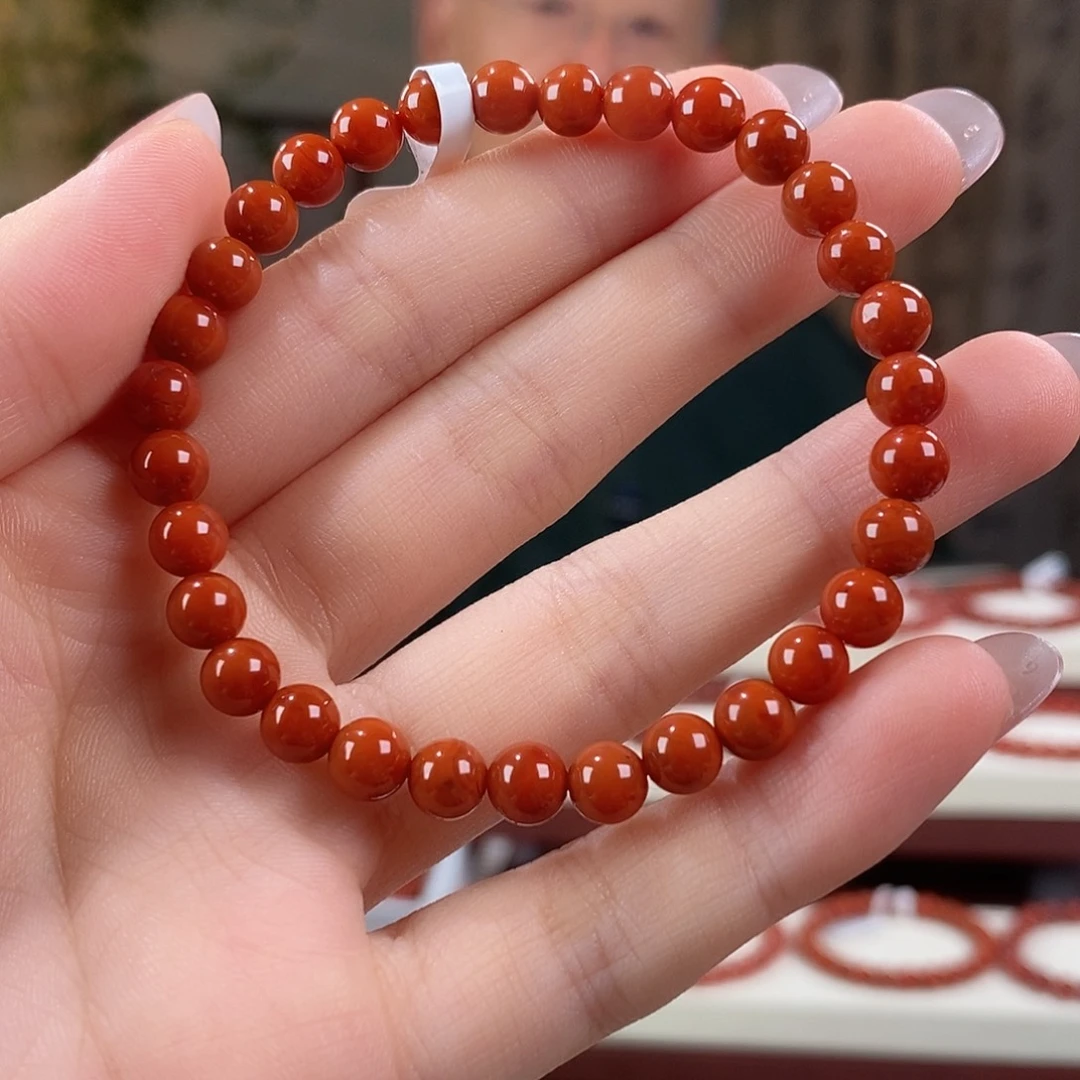 南红玛瑙未镶嵌手串原矿6mm 柿子红瓦西满肉4a+级别