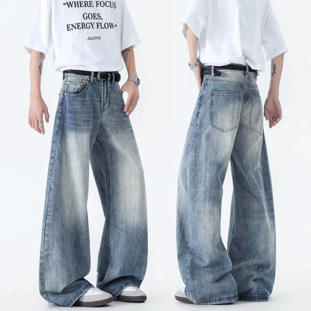 夏季美式复古竹节纹牛仔裤弯刀宽松百搭男女同款阔腿裤