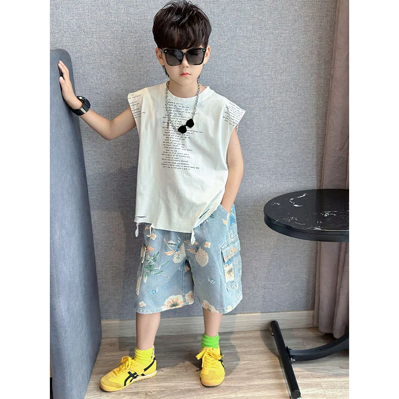 夏季薄款个性男童国风时尚牛仔中裤中大童痞帅休闲宽松工装短裤