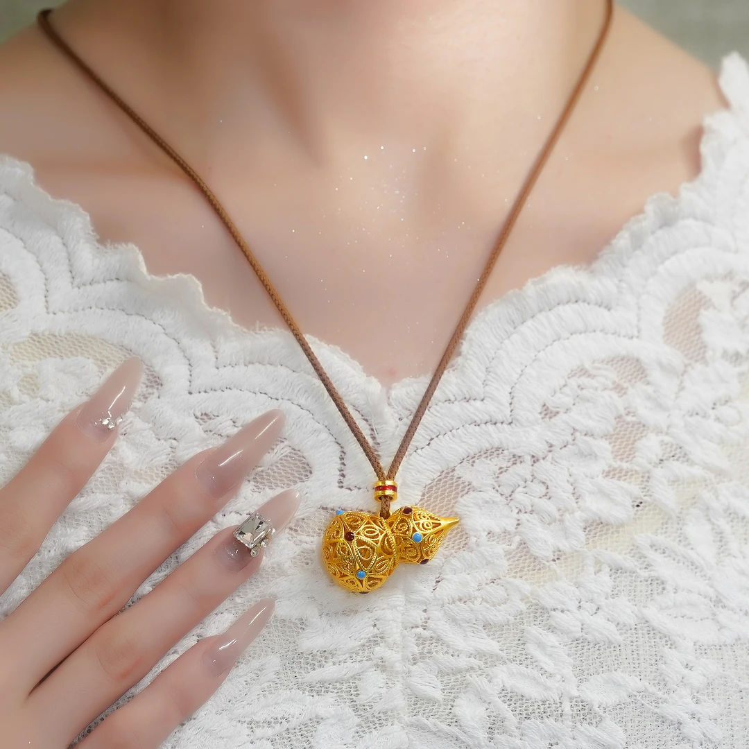 铜合金布艺项链 大福大䘵 镂空葫芦项链中式国风金色轻奢时尚精美